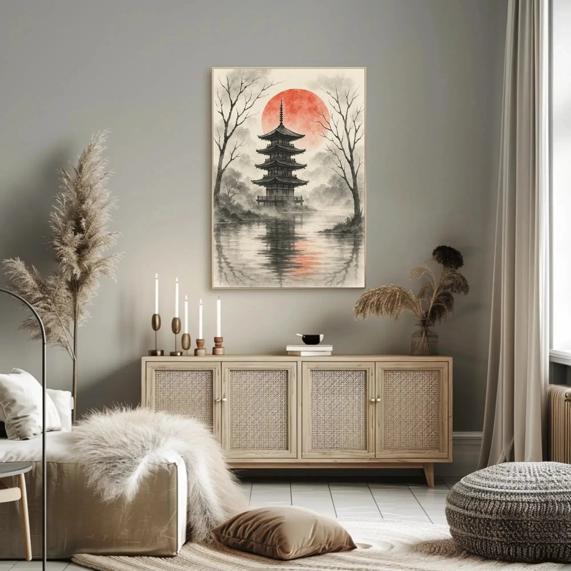 Serene Japanese Pagoda Ink Wash Cultural Heritage Poster PosterGoat