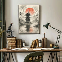 Serene Japanese Pagoda Ink Wash Cultural Heritage Poster PosterGoat