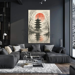 Serene Japanese Pagoda Ink Wash Cultural Heritage Poster PosterGoat