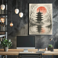 Serene Japanese Pagoda Ink Wash Cultural Heritage Poster PosterGoat