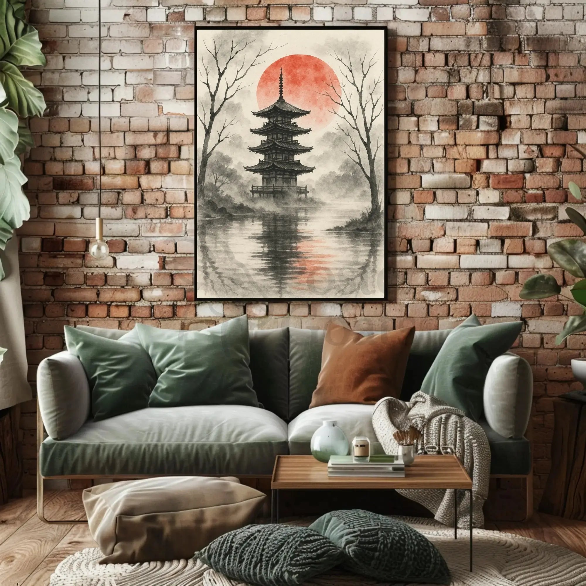 Serene Japanese Pagoda Ink Wash Cultural Heritage Poster PosterGoat