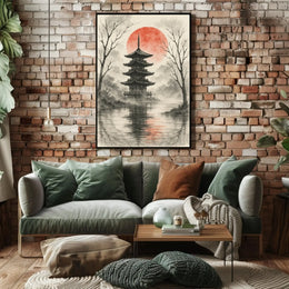 Serene Japanese Pagoda Ink Wash Cultural Heritage Poster PosterGoat