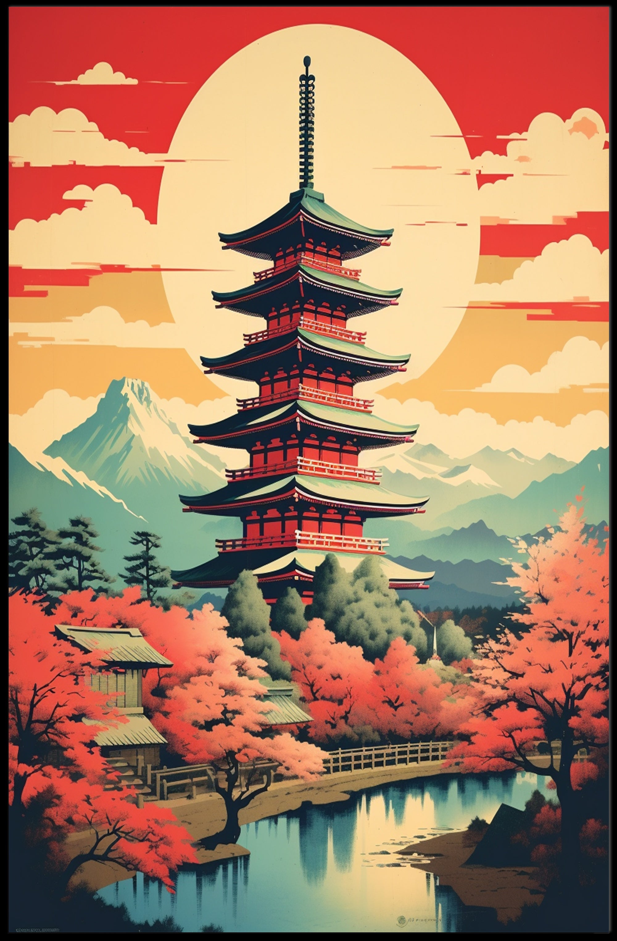 Serene Japanese Pagoda and Cherry Blossoms Heritage Poster PosterGoat