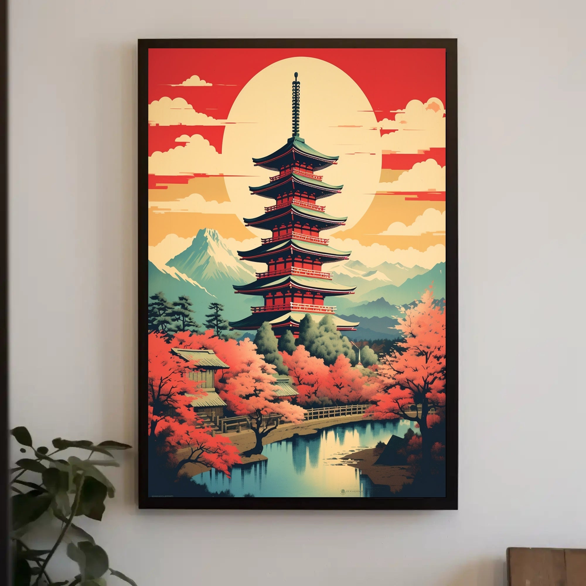 Serene Japanese Pagoda and Cherry Blossoms Heritage Poster PosterGoat