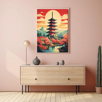 Serene Japanese Pagoda and Cherry Blossoms Heritage Poster PosterGoat
