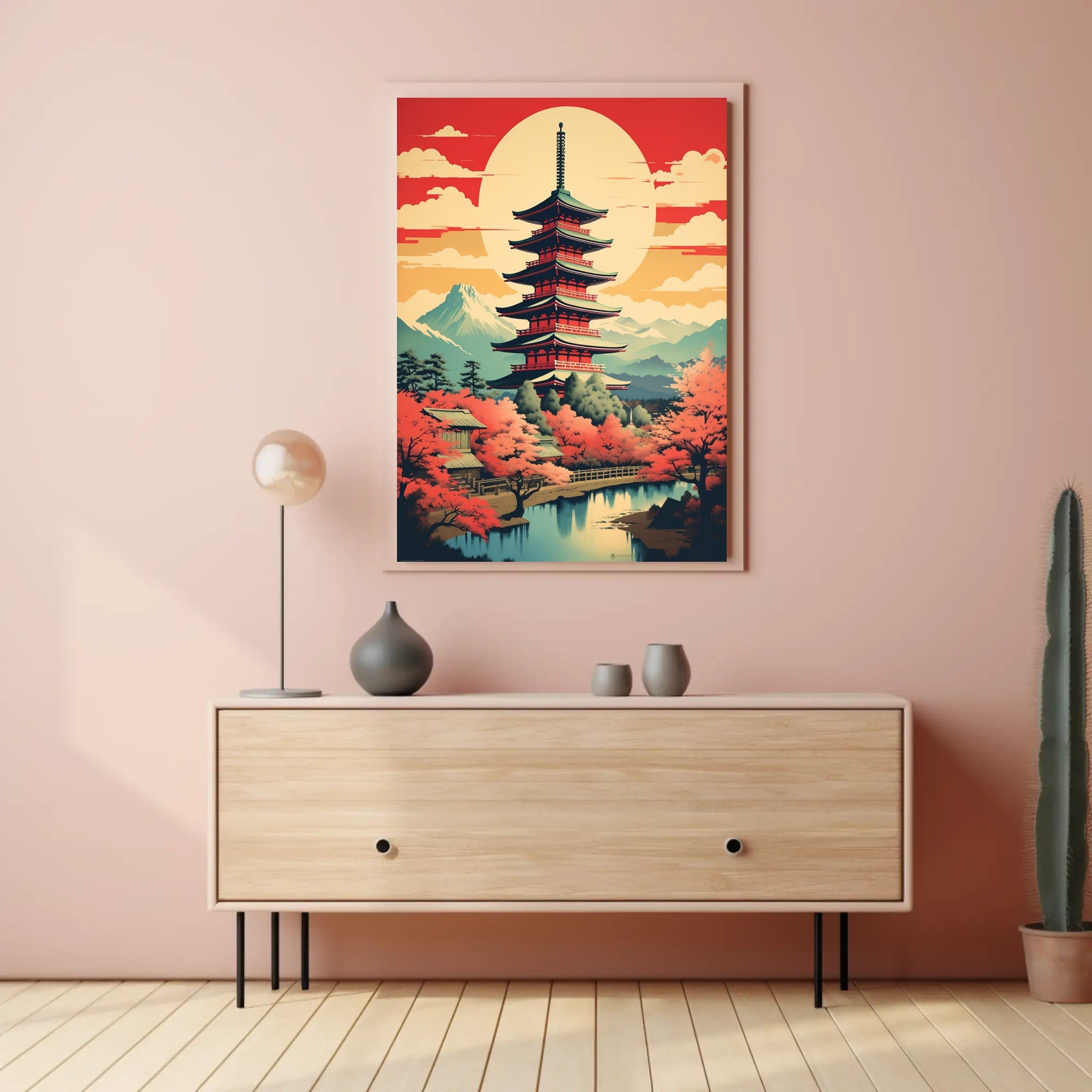 Serene Japanese Pagoda and Cherry Blossoms Heritage Poster PosterGoat