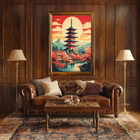 Serene Japanese Pagoda and Cherry Blossoms Heritage Poster PosterGoat