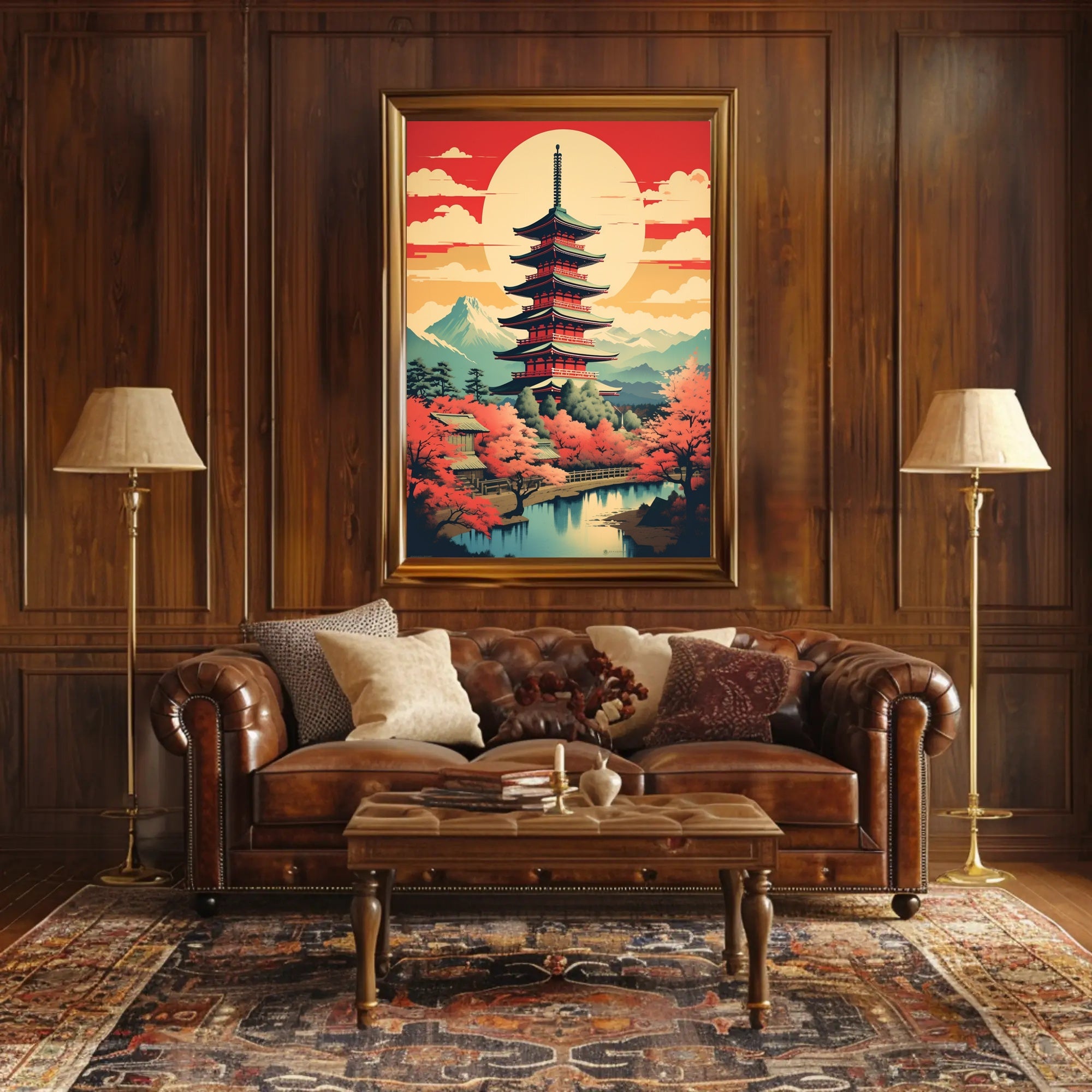 Serene Japanese Pagoda and Cherry Blossoms Heritage Poster PosterGoat