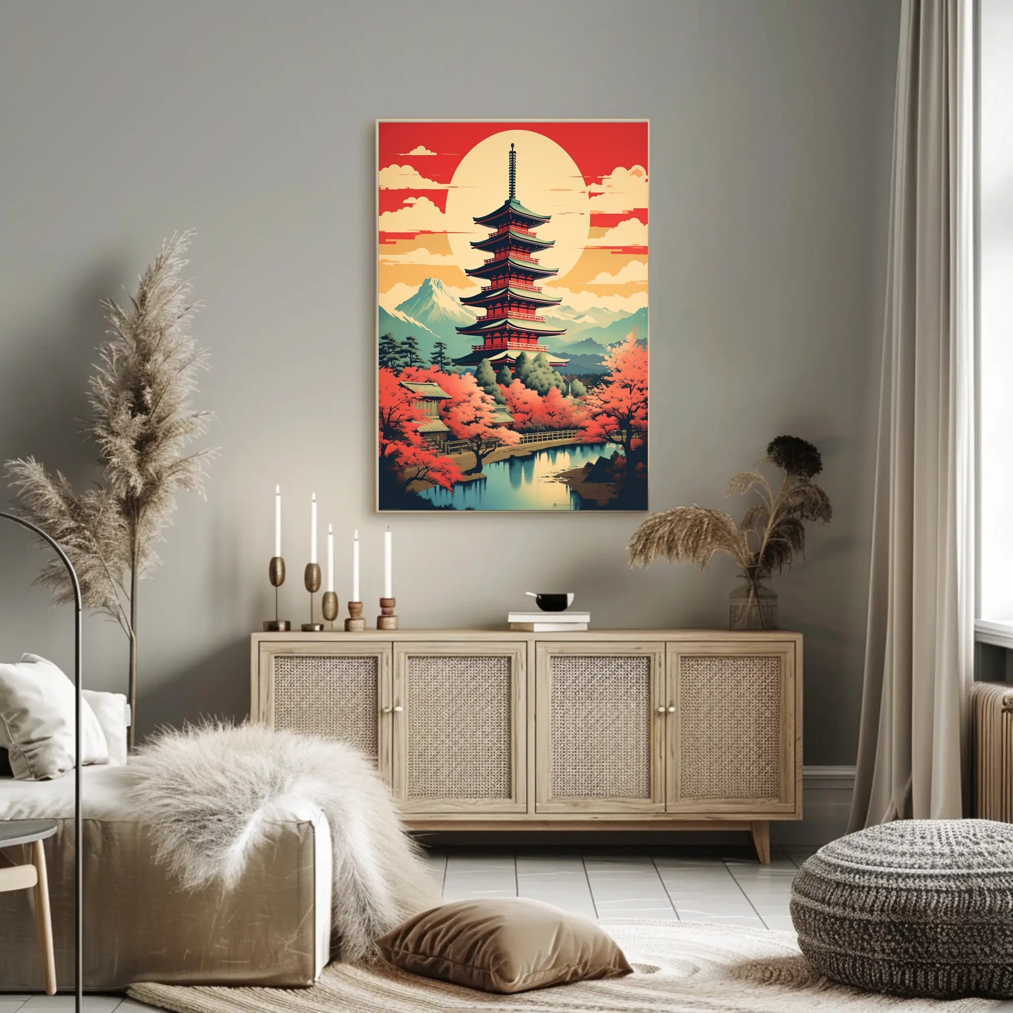 Serene Japanese Pagoda and Cherry Blossoms Heritage Poster PosterGoat