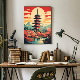 Serene Japanese Pagoda and Cherry Blossoms Heritage Poster PosterGoat