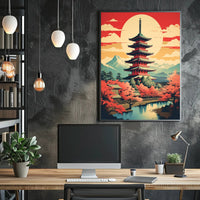 Serene Japanese Pagoda and Cherry Blossoms Heritage Poster PosterGoat