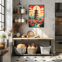 Serene Japanese Pagoda and Cherry Blossoms Heritage Poster PosterGoat