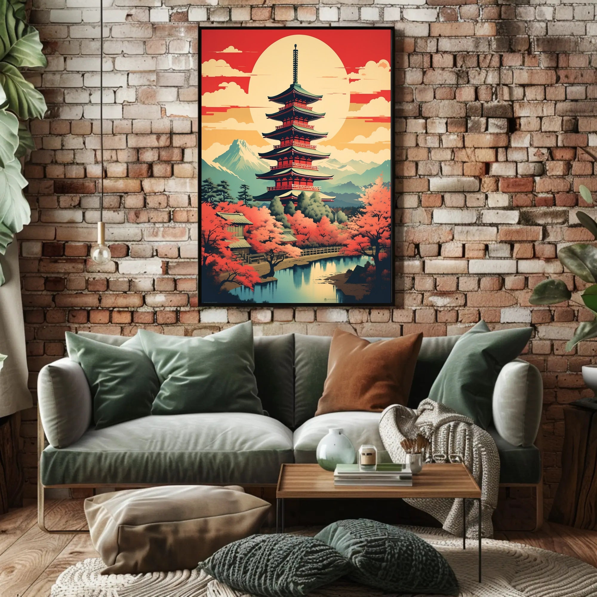 Serene Japanese Pagoda and Cherry Blossoms Heritage Poster PosterGoat