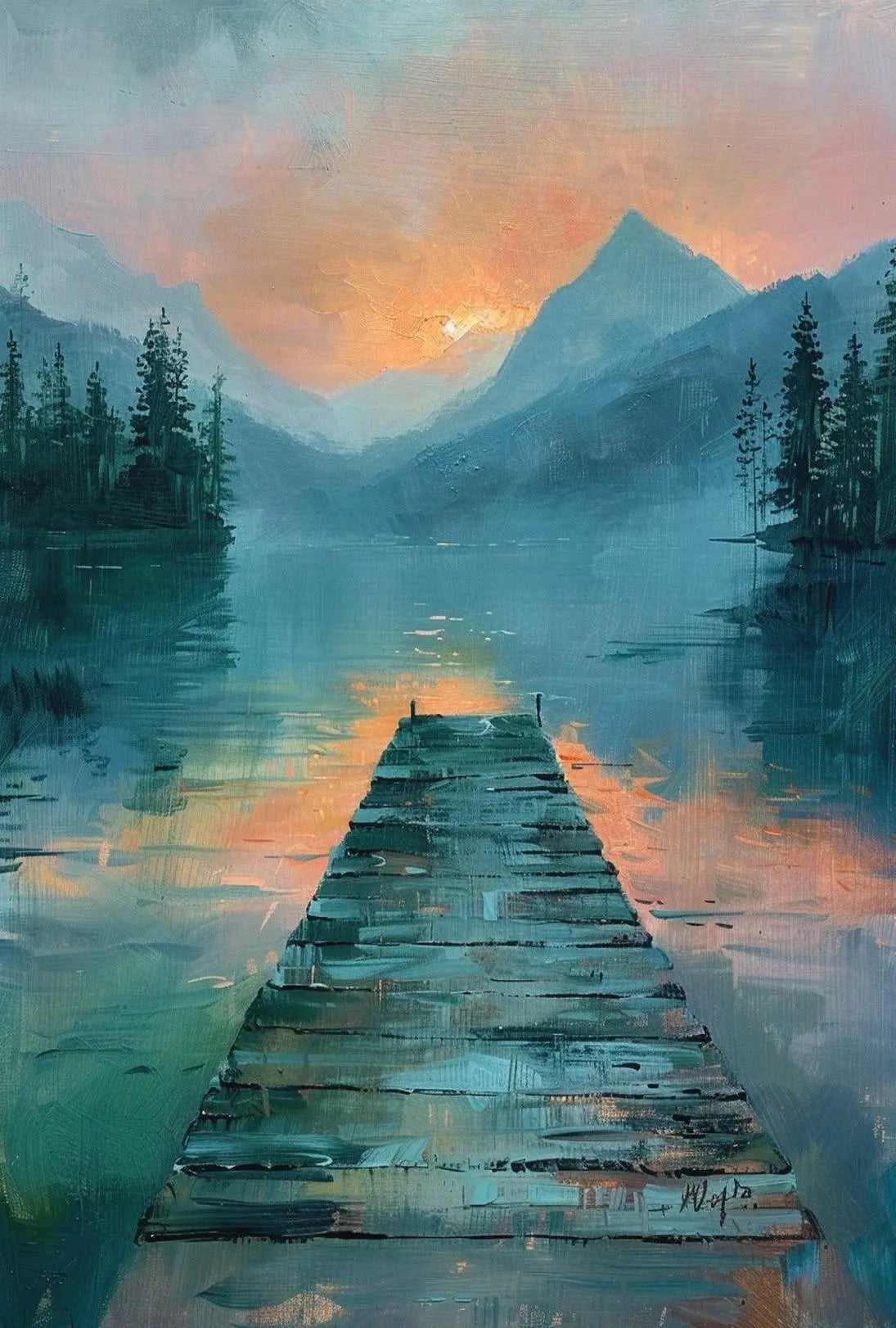 Serene Lake Scene at Sunrise Impressionistic Artistic Poster PosterGoat