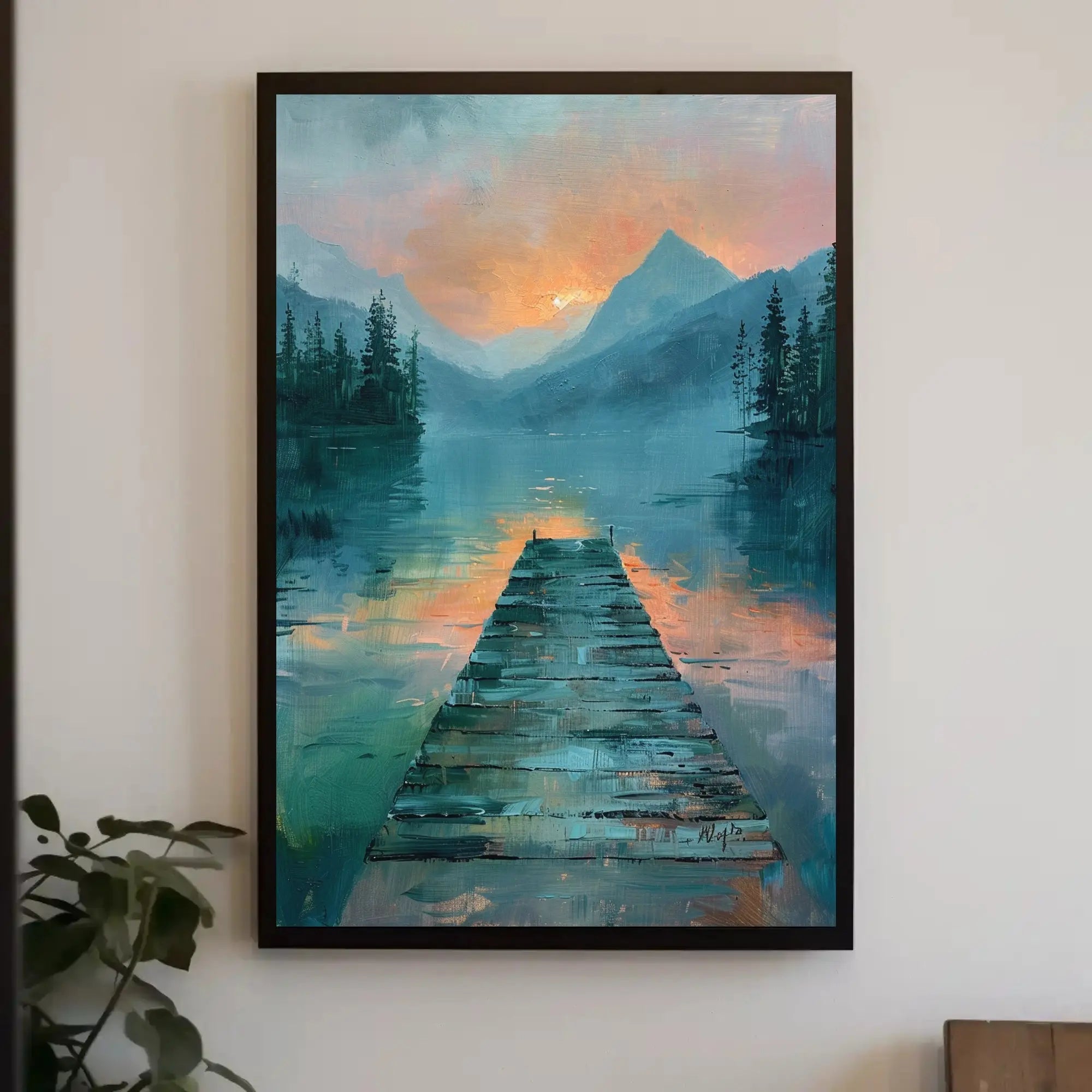 Serene Lake Scene at Sunrise Impressionistic Artistic Poster PosterGoat