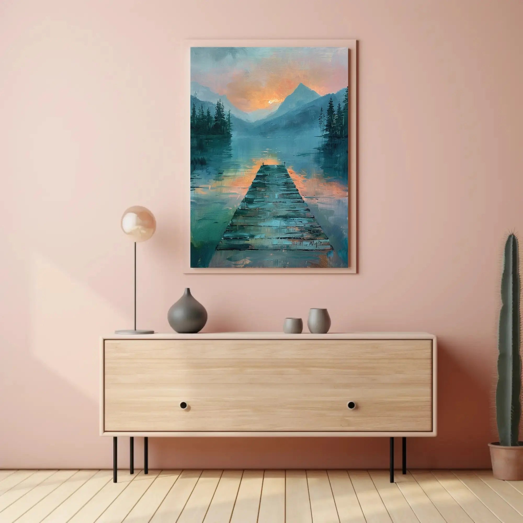 Serene Lake Scene at Sunrise Impressionistic Artistic Poster PosterGoat