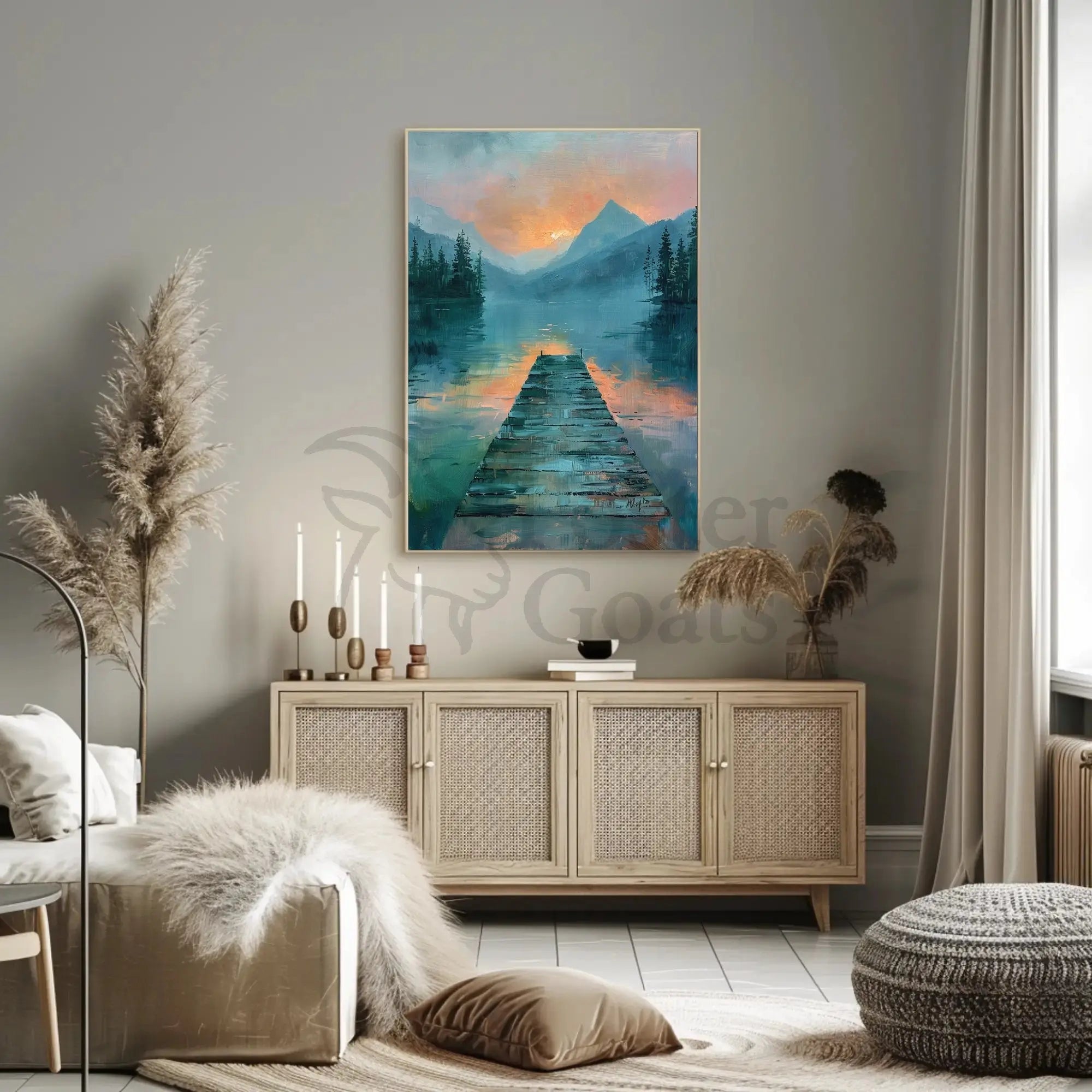 Serene Lake Scene at Sunrise Impressionistic Artistic Poster PosterGoat