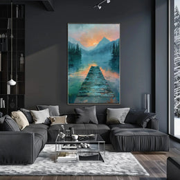 Serene Lake Scene at Sunrise Impressionistic Artistic Poster PosterGoat