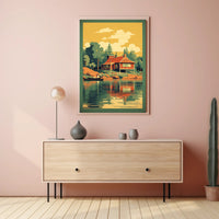 Serene Lakeside Cottage Vintage Travel Poster PosterGoat