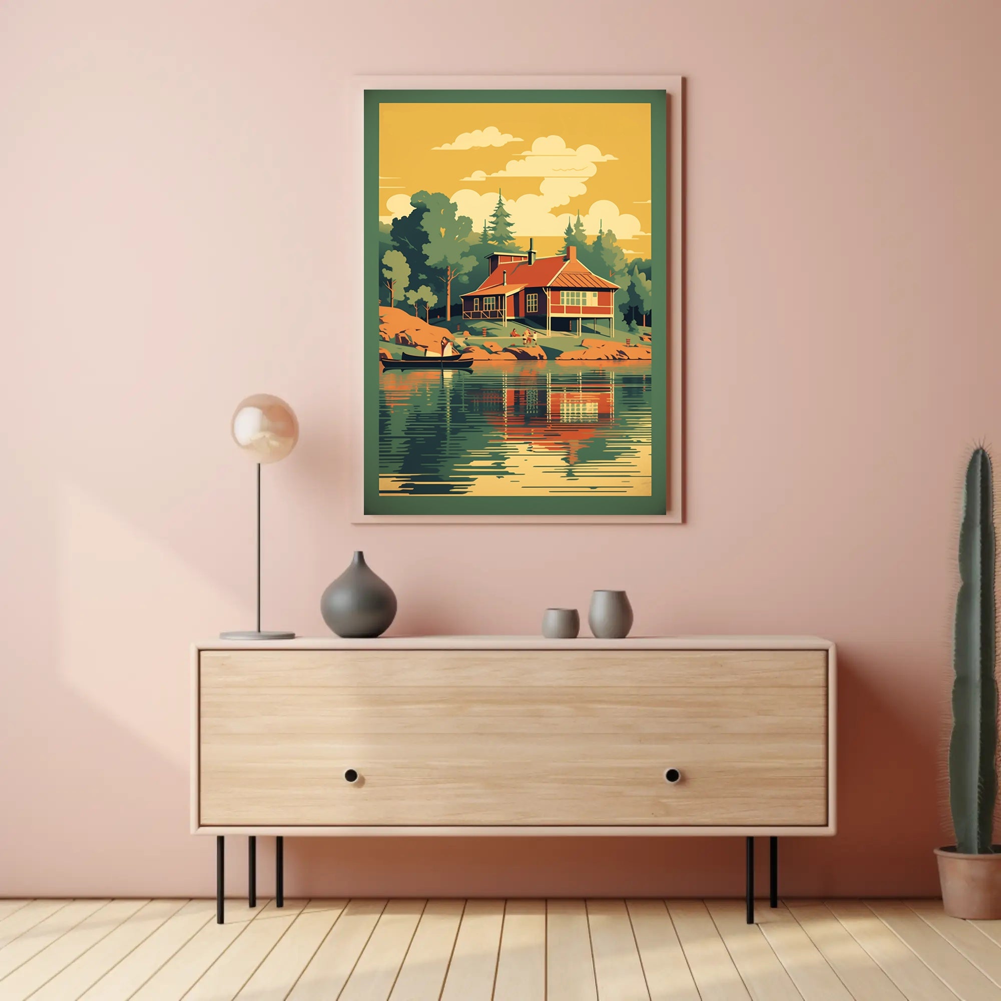 Serene Lakeside Cottage Vintage Travel Poster PosterGoat