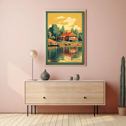 Serene Lakeside Cottage Vintage Travel Poster PosterGoat
