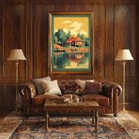 Serene Lakeside Cottage Vintage Travel Poster PosterGoat