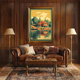 Serene Lakeside Cottage Vintage Travel Poster PosterGoat