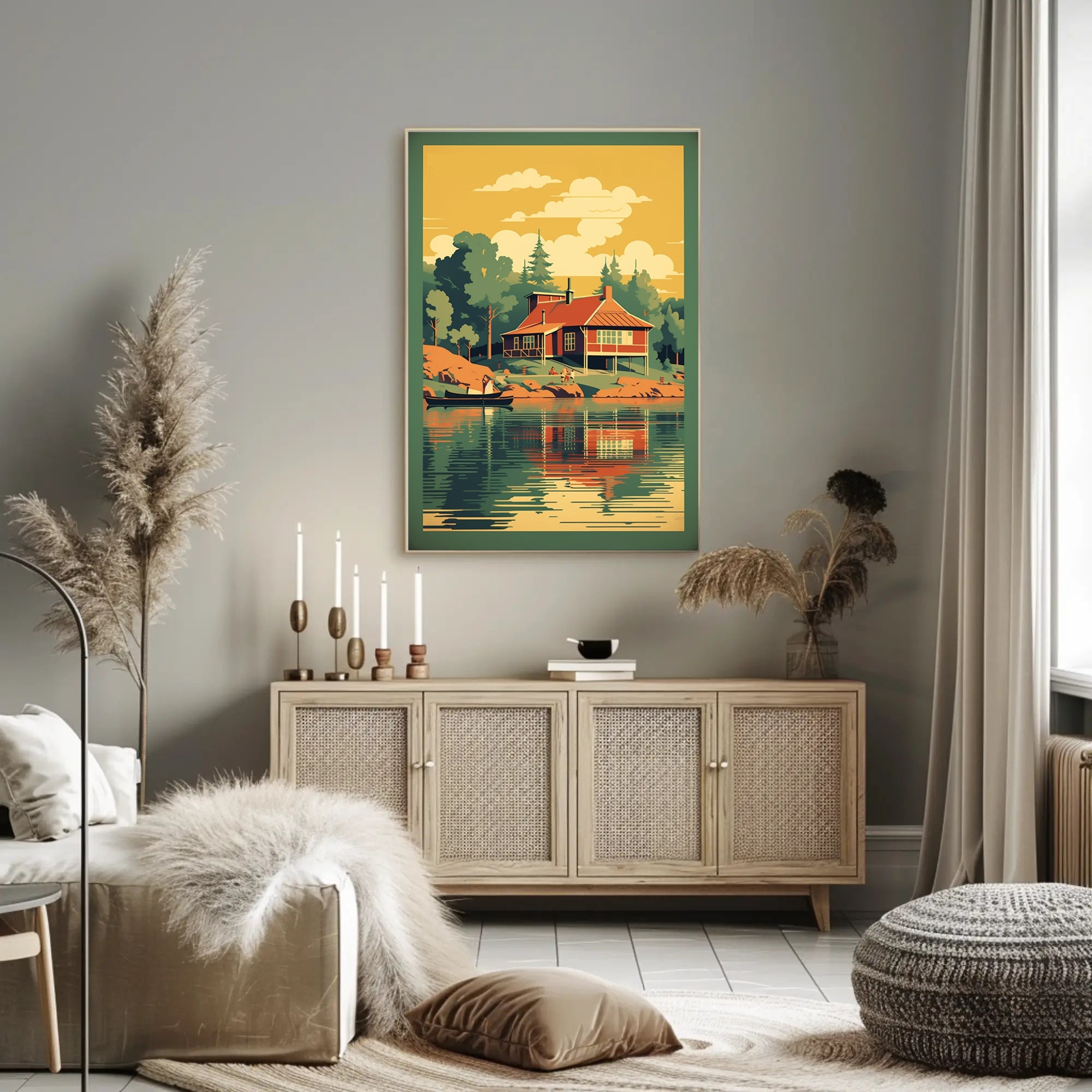 Serene Lakeside Cottage Vintage Travel Poster PosterGoat