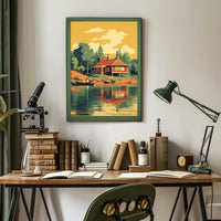 Serene Lakeside Cottage Vintage Travel Poster PosterGoat