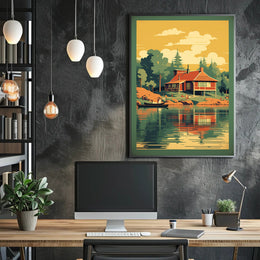 Serene Lakeside Cottage Vintage Travel Poster PosterGoat