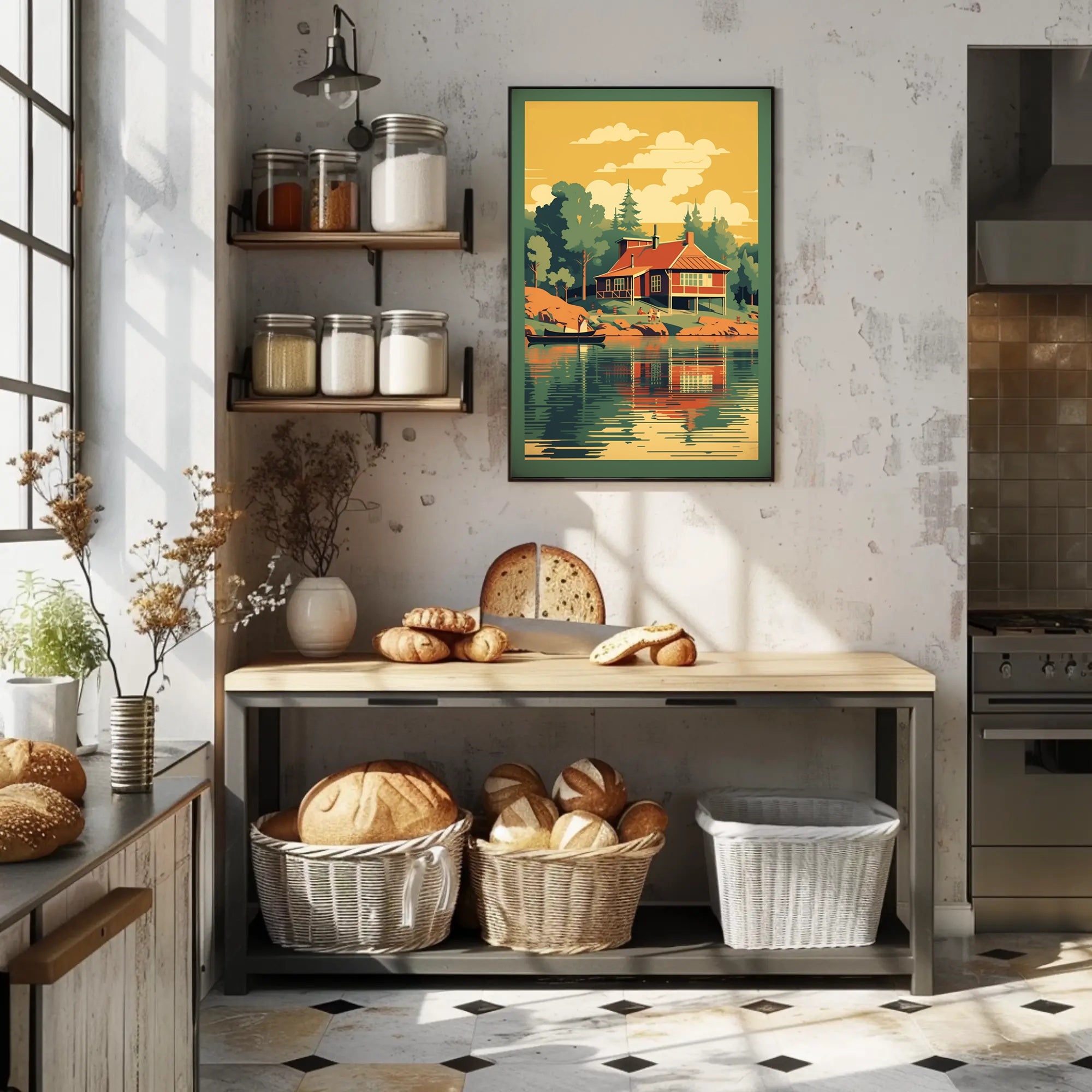 Serene Lakeside Cottage Vintage Travel Poster PosterGoat