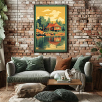 Serene Lakeside Cottage Vintage Travel Poster PosterGoat
