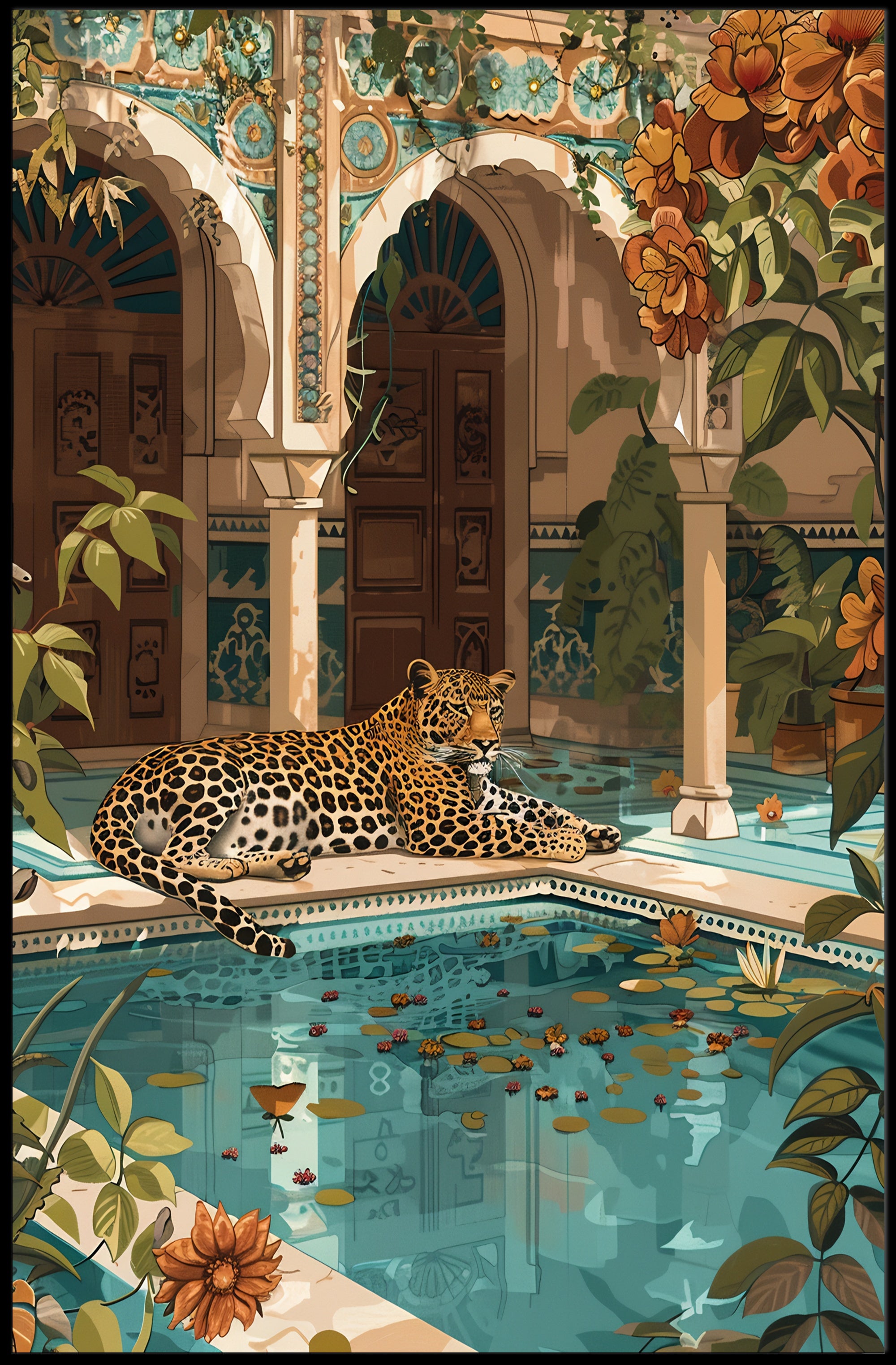 Serene Leopard by Luxurious Poolside - Cultural or Heritage Poster PosterGoat