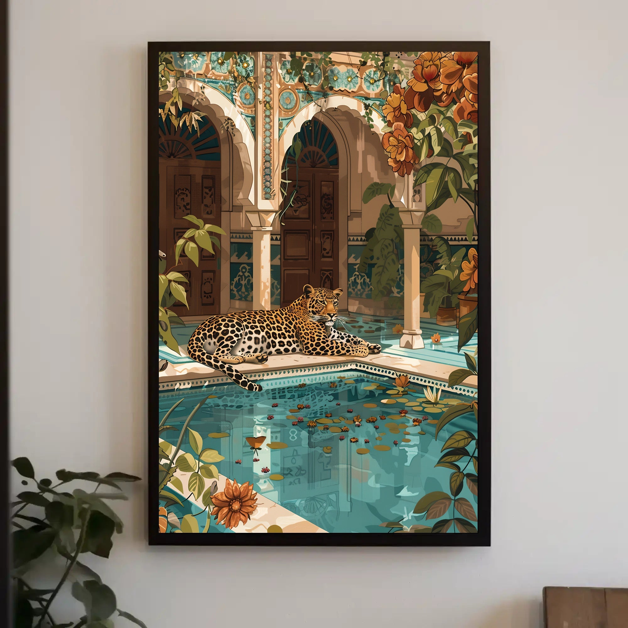 Serene Leopard by Luxurious Poolside - Cultural or Heritage Poster PosterGoat