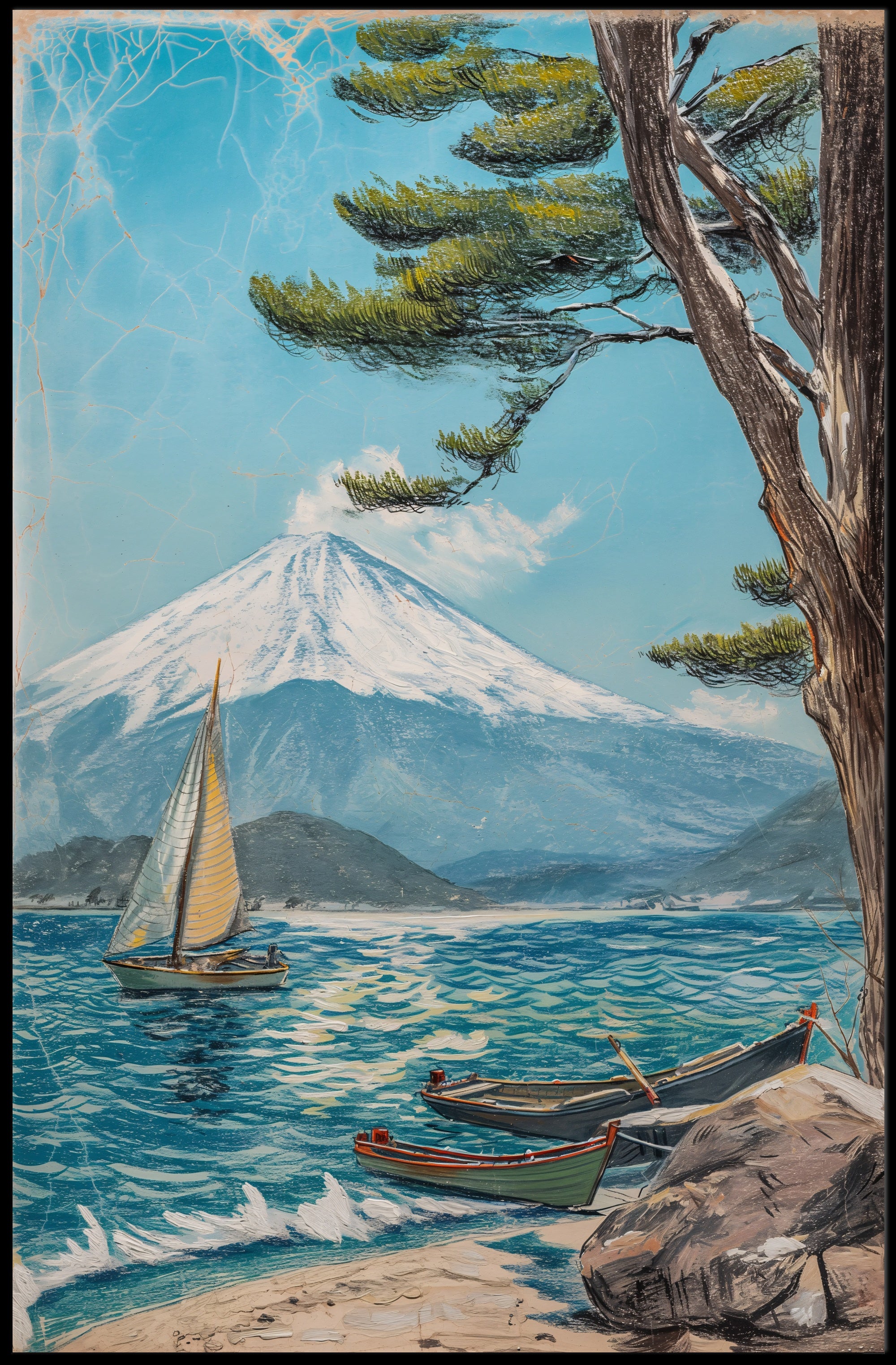 Serene Mountain Lake with Sailboat Travel Poster PosterGoat