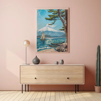 Serene Mountain Lake with Sailboat Travel Poster PosterGoat