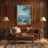 Serene Mountain Lake with Sailboat Travel Poster PosterGoat