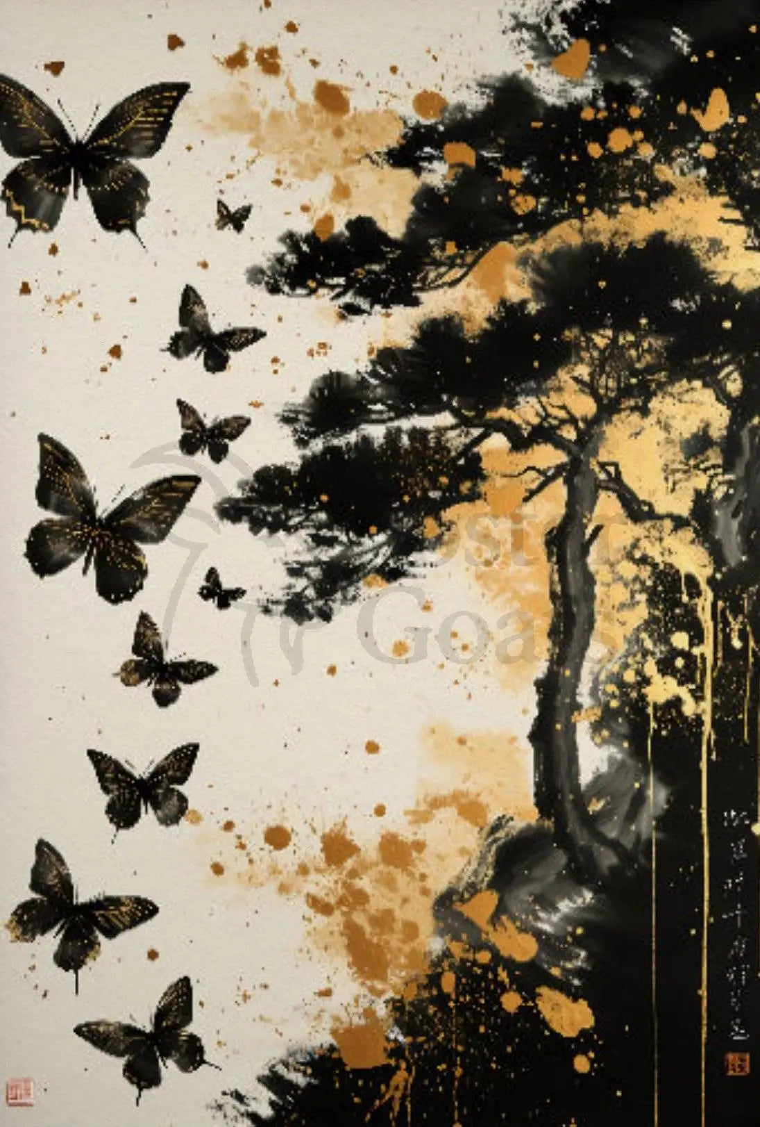Serene Nature-Inspired Scene with Tree and Butterflies Poster PosterGoat