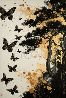 Serene Nature-Inspired Scene with Tree and Butterflies Poster PosterGoat