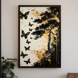 Serene Nature-Inspired Scene with Tree and Butterflies Poster PosterGoat