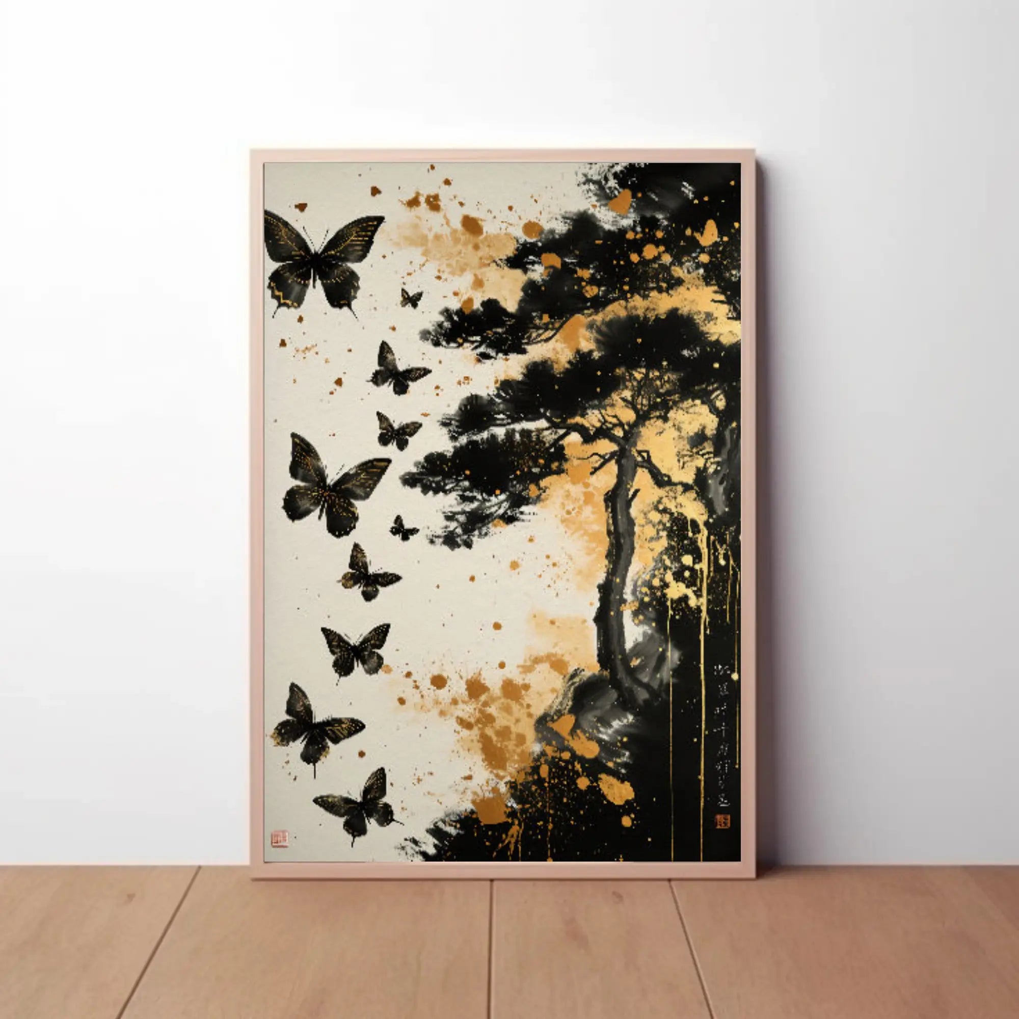 Serene Nature-Inspired Scene with Tree and Butterflies Poster PosterGoat