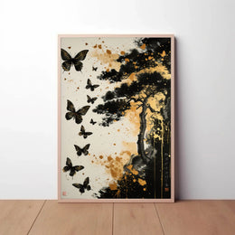 Serene Nature-Inspired Scene with Tree and Butterflies Poster PosterGoat