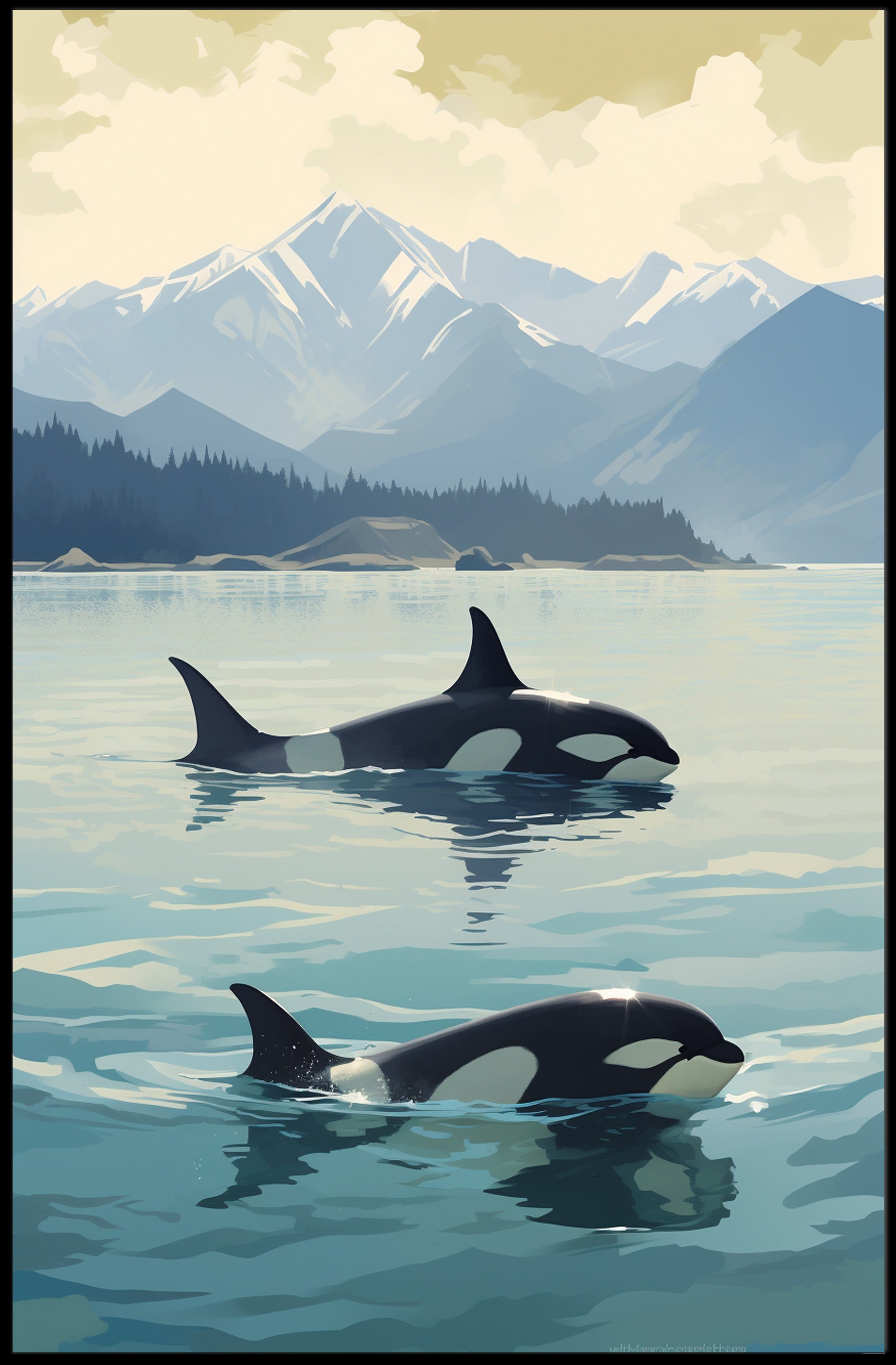 Serene Orcas and Mountains Wildlife Animal Poster PosterGoat