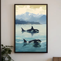Serene Orcas and Mountains Wildlife Animal Poster PosterGoat