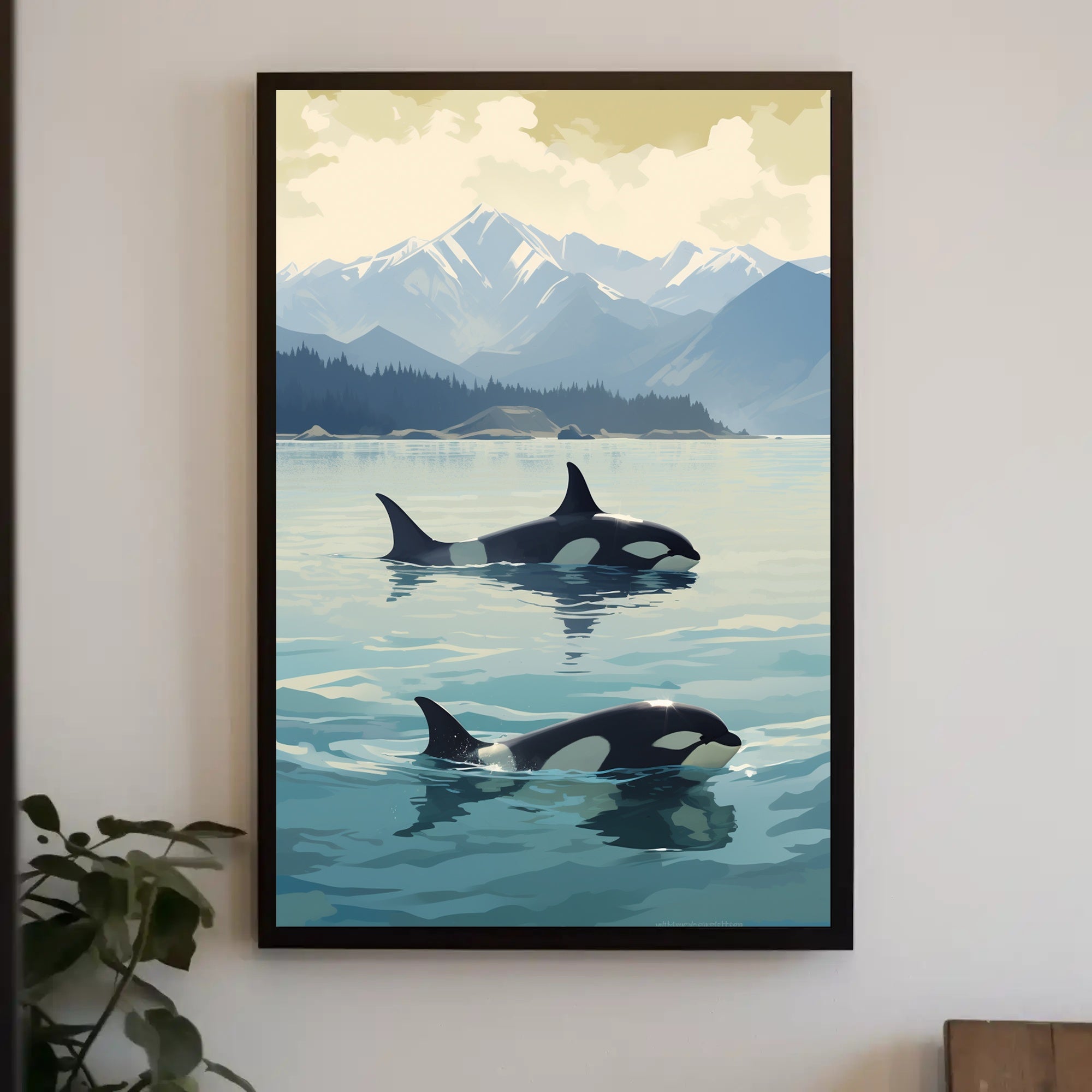 Serene Orcas and Mountains Wildlife Animal Poster PosterGoat