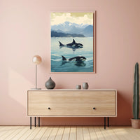 Serene Orcas and Mountains Wildlife Animal Poster PosterGoat