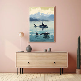 Serene Orcas and Mountains Wildlife Animal Poster PosterGoat