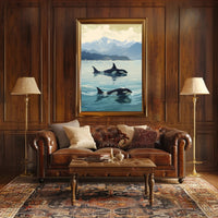 Serene Orcas and Mountains Wildlife Animal Poster PosterGoat