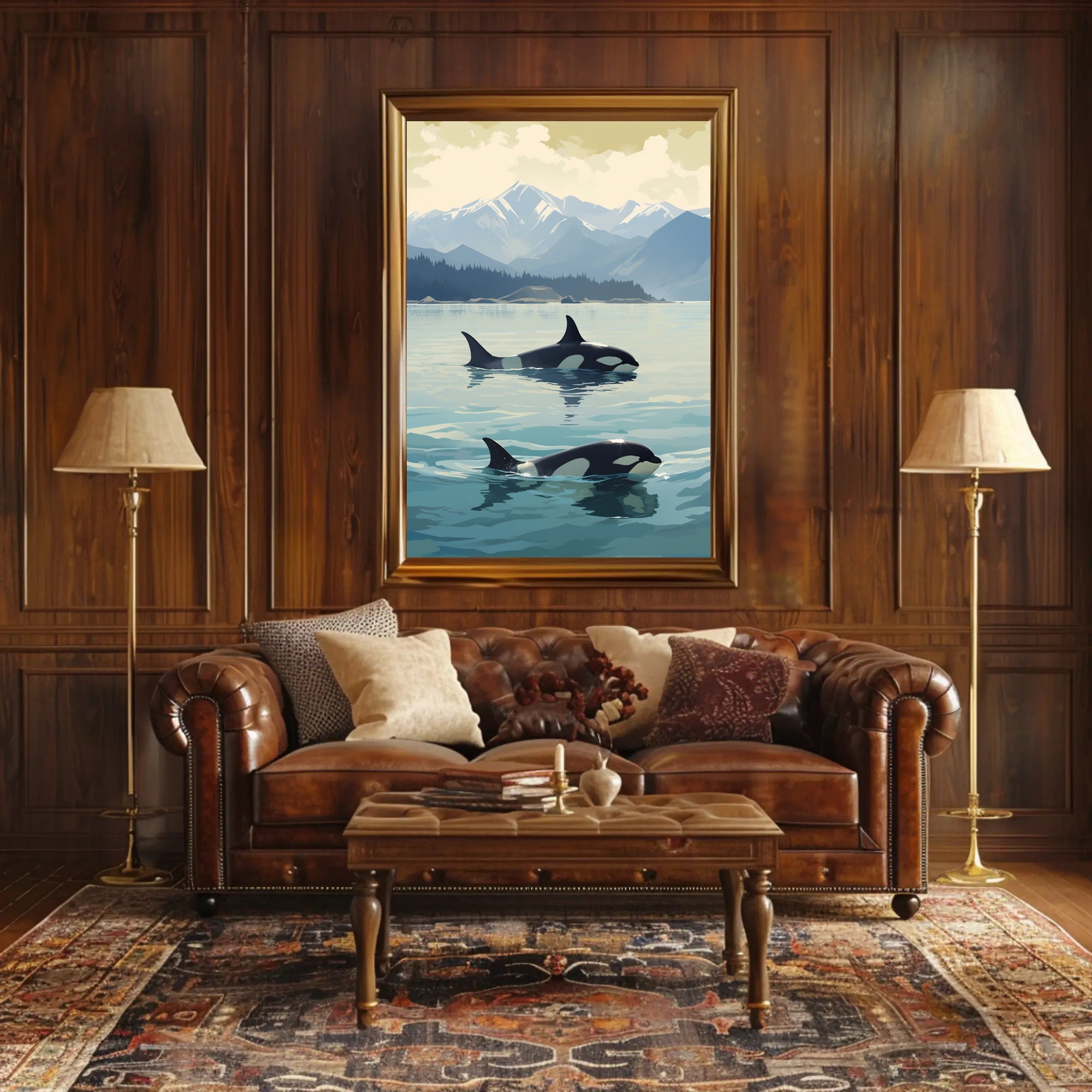 Serene Orcas and Mountains Wildlife Animal Poster PosterGoat