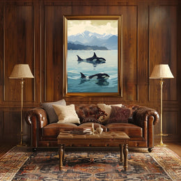 Serene Orcas and Mountains Wildlife Animal Poster PosterGoat